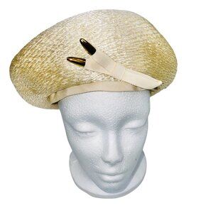 Vintage Favorette Womens Beret Hat Beige Straw Church Dress Up Theatre Party